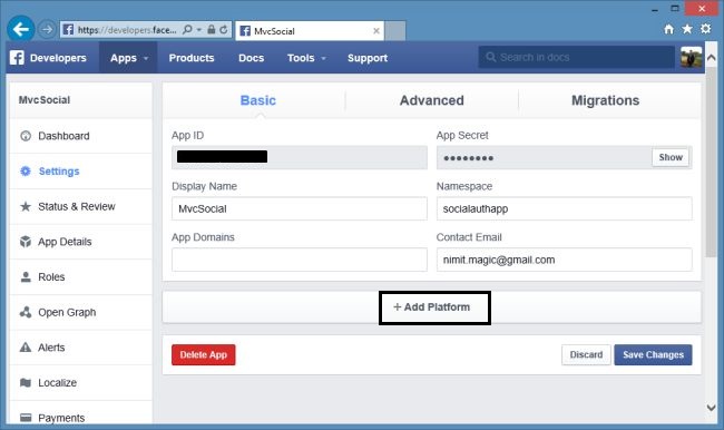 Add Platform for Facebook App